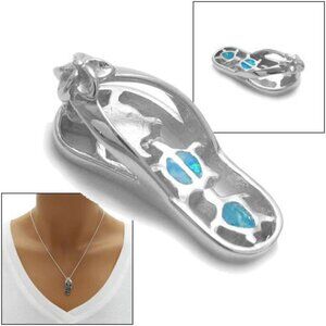 DASHING STERLING SILVER CREATED BLUE OPAL TURTLES ON A CHARMING SANDAL PENDANT